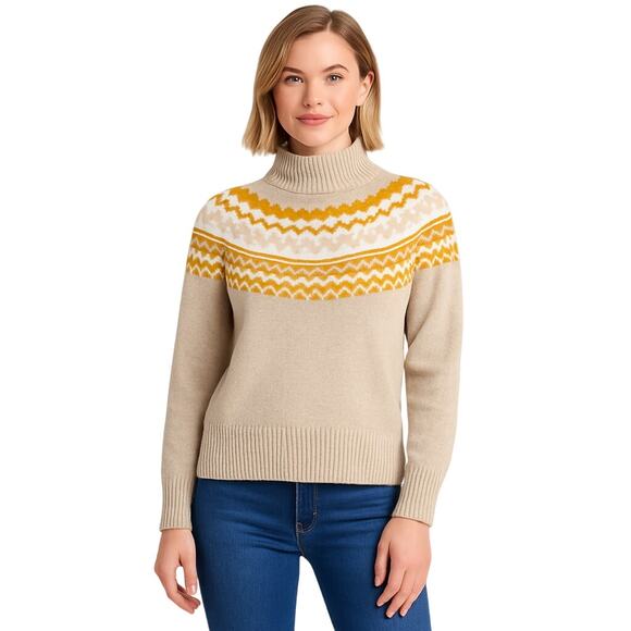 Tahari Fair Isle Mock Neck Sweater Beige Mustard White Geometric Knit Women’s S - Picture 1 of 8
